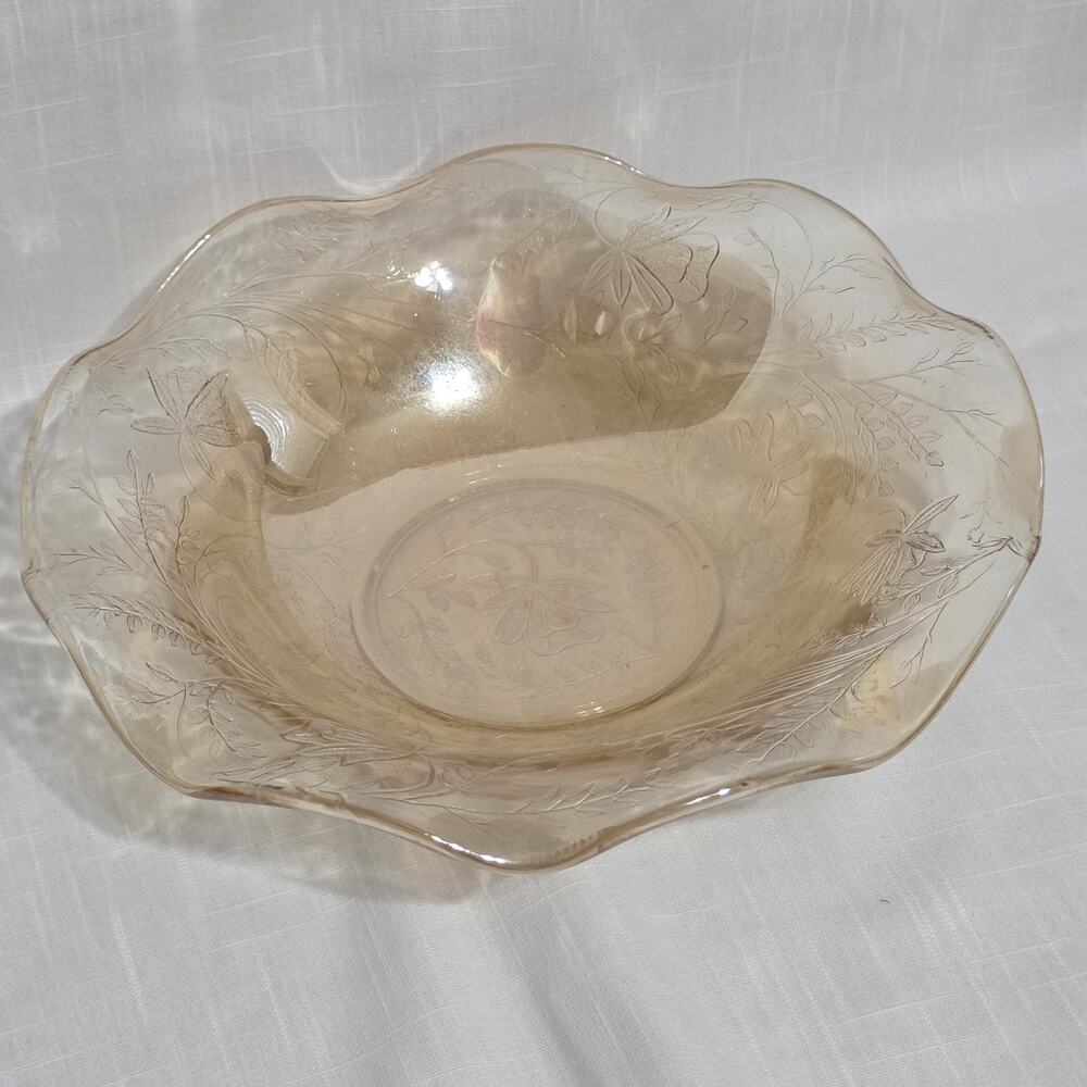 Vintage Amber Depression Glass Serving Bowl Floral Butterfly Scalloped 10 Inch